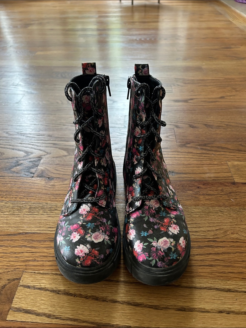 Girls' Floral Lace-Up Combat Boots in Black and Pink